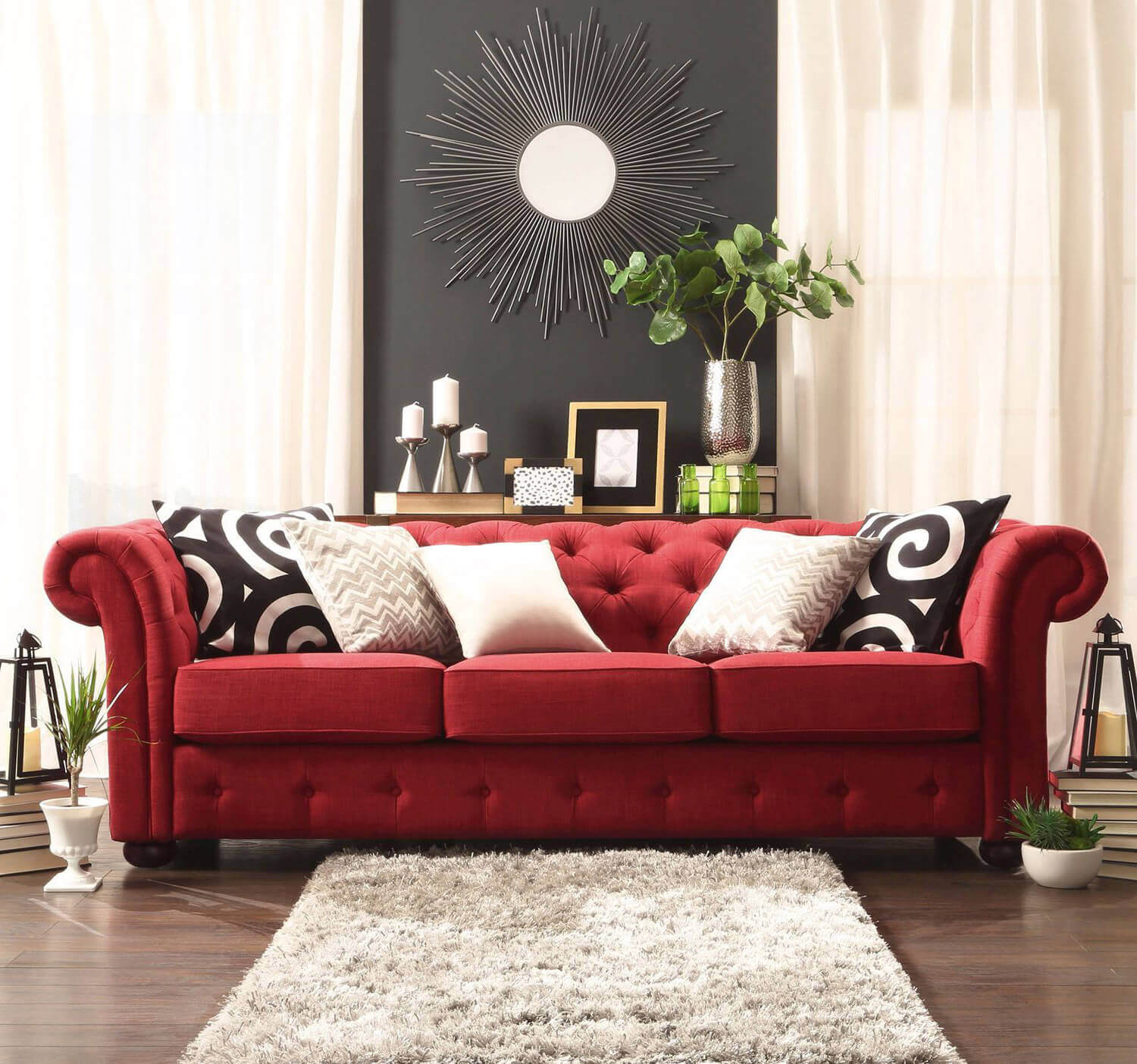 Красный диван Честер в гостиной